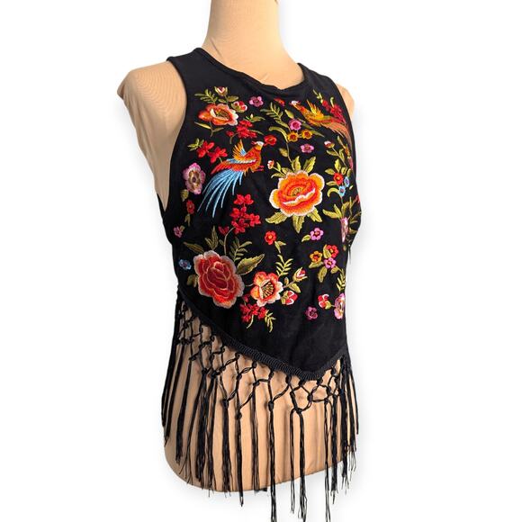 Floral Embroidered Fringe Velvet Top - Picture 1 of 6